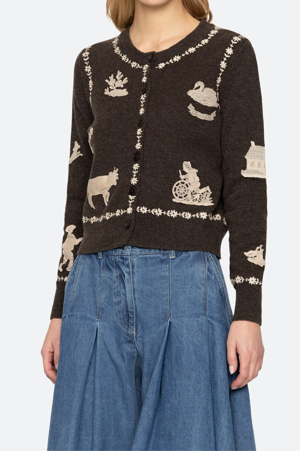 Margeurite Lace Patch L/Slv Cardigan Coffee