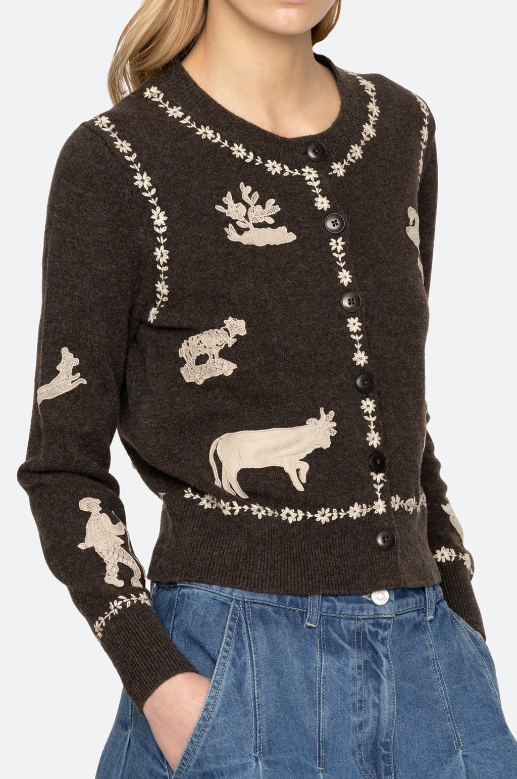 Margeurite Lace Patch L/Slv Cardigan Coffee