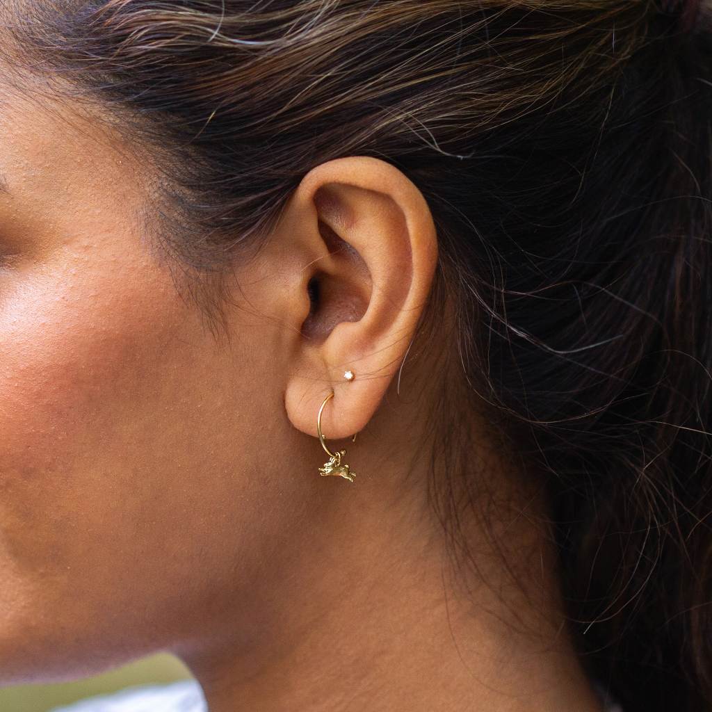 A.M. Teeny Tiny Leaping Rabbit Hoop Earrings 18ct Solid Gold