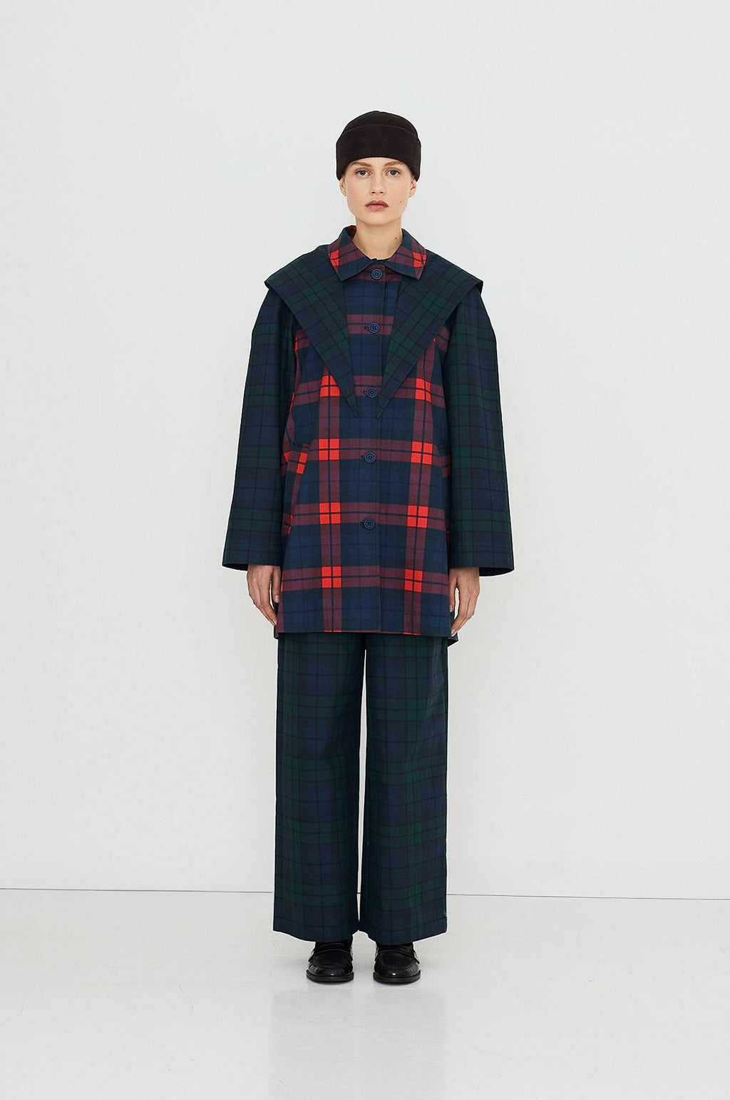 Check Hood Trench Coat Light Navy/Dark Red
