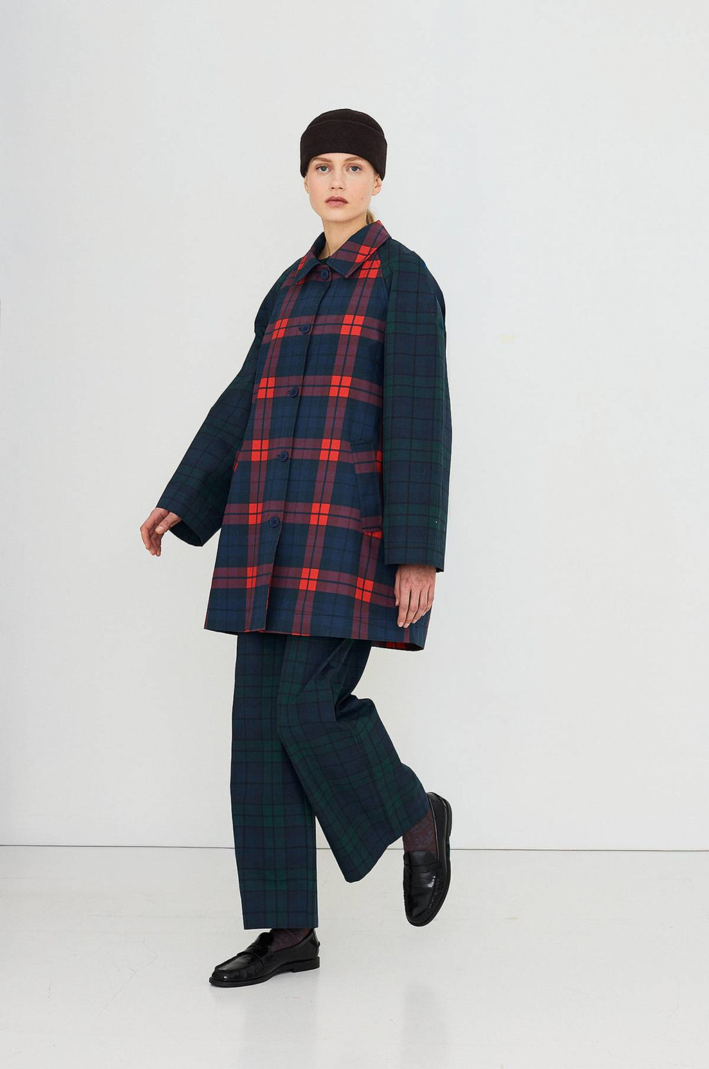 Check Hood Trench Coat Light Navy/Dark Red