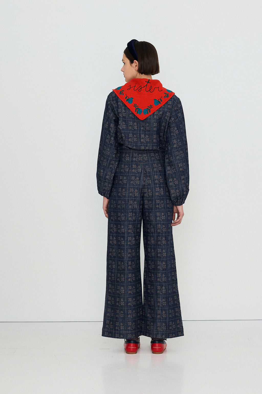Dots Flowers Denim Blouse Navy