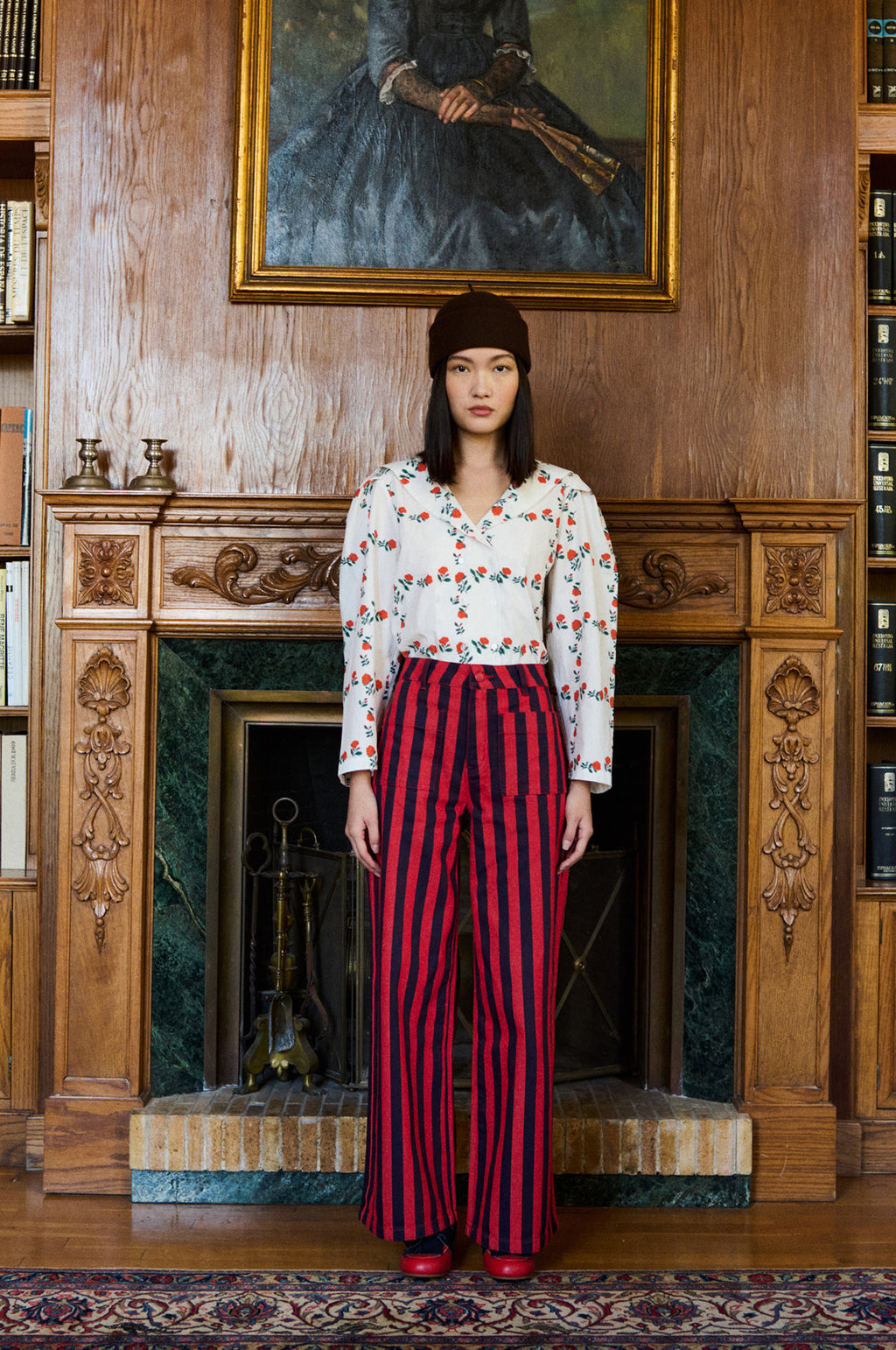 Roses Grid Sailor Neck Blouse Off White