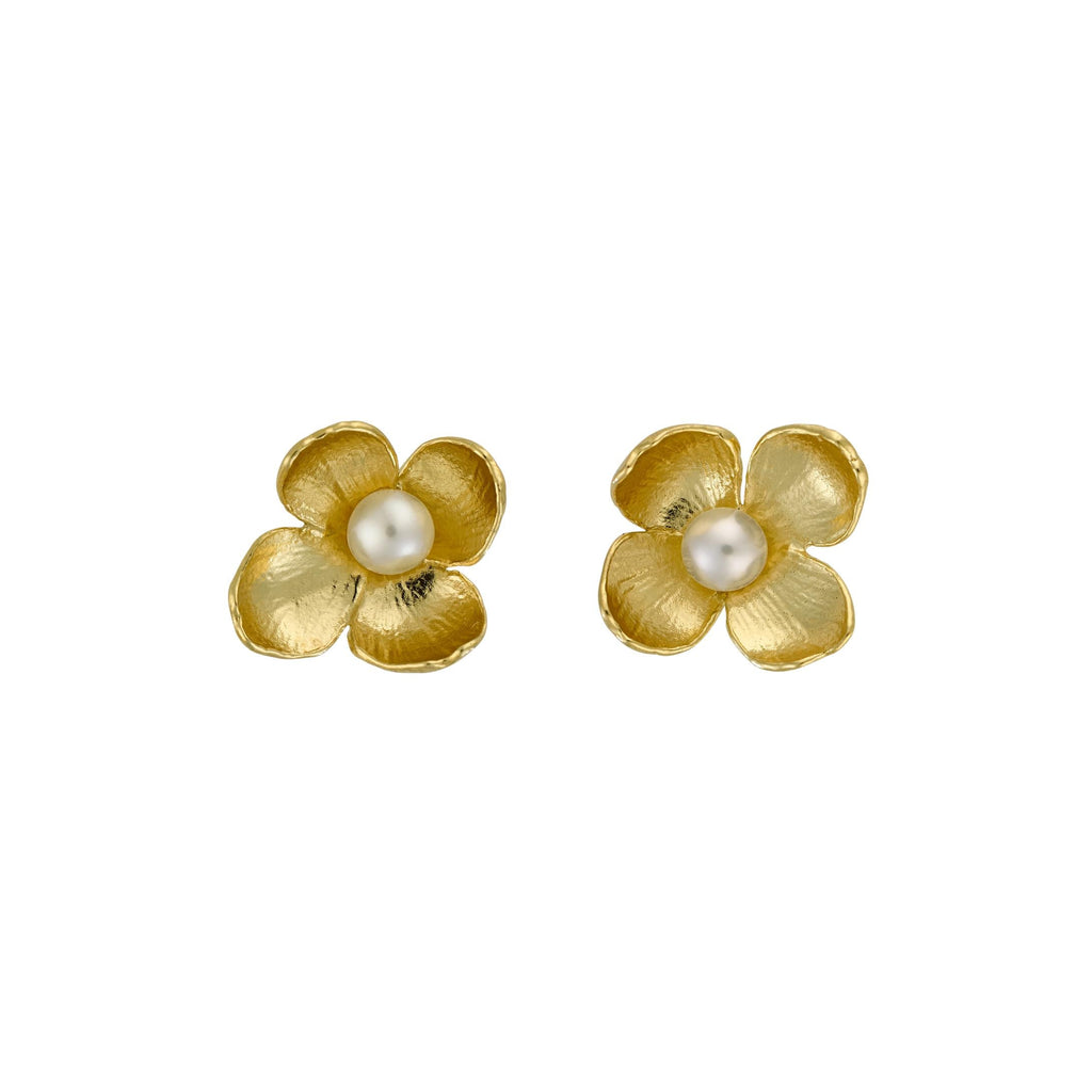 A.M. Cuckoo Flower Stud Earrings with White Pearl Gold
