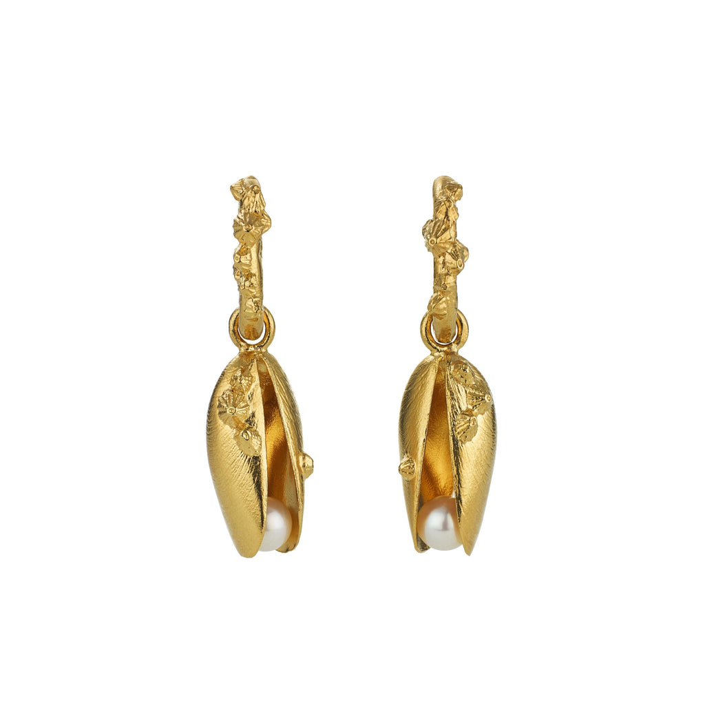 A.M. Statement Mussel & Pearl Drop Earrings Gold