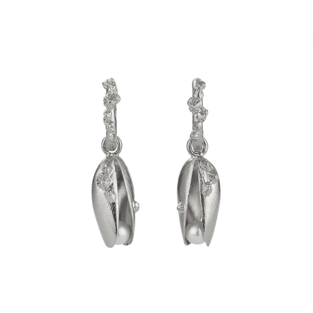 A.M. Statement Mussel & Pearl Drop Earrings Silver