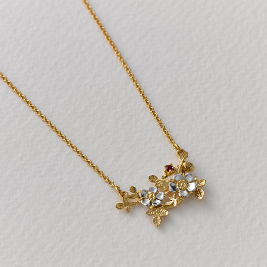 A.M. 40th Anniversary Inline Posy Necklace with Teeny Tiny Bee & Ruby