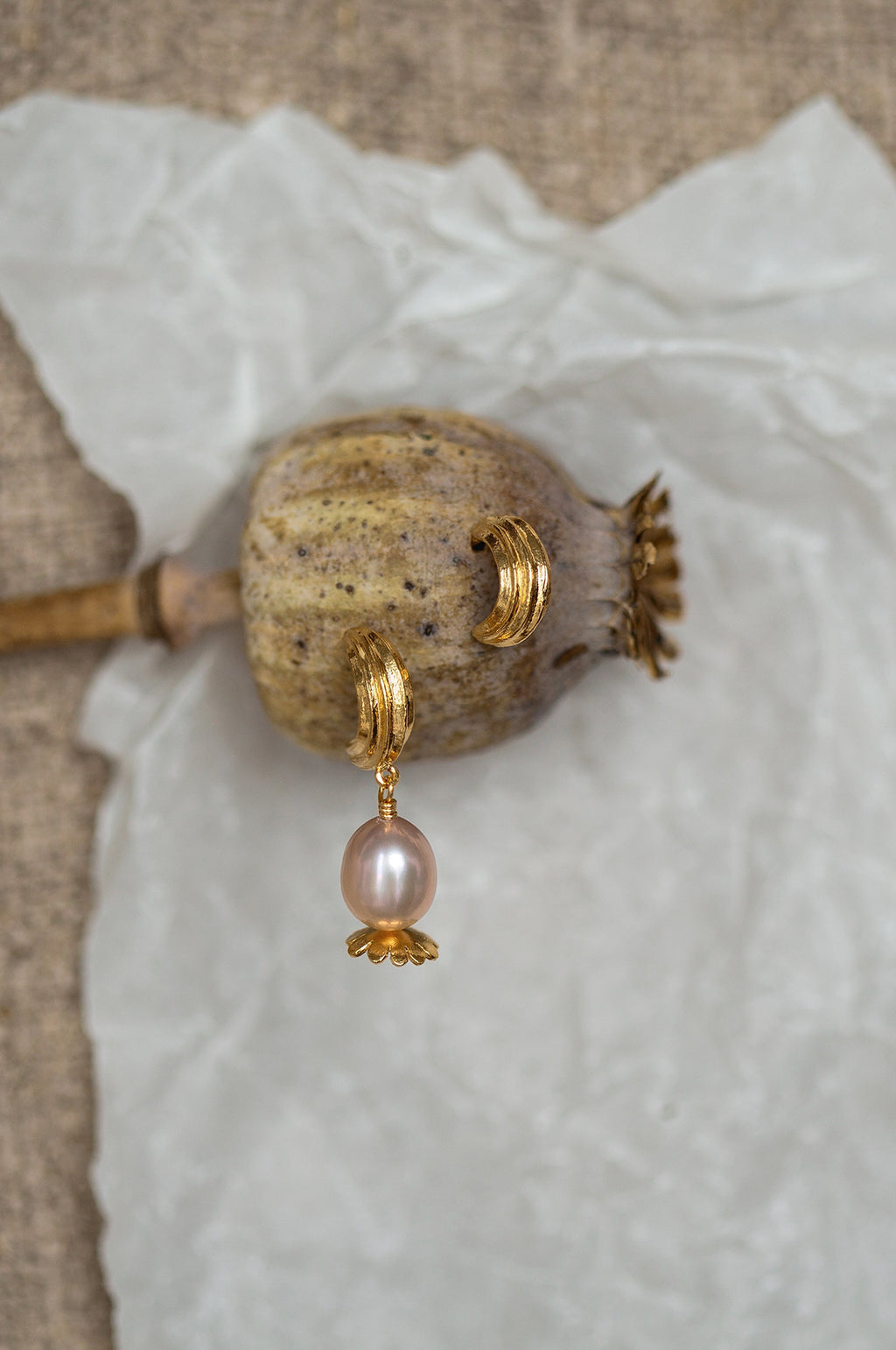 Kissing Seed Head Huggie Hoop Pink Pearl Earrings Gold Plate