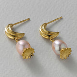 Kissing Seed Head Huggie Hoop Pink Pearl Earrings Gold Plate