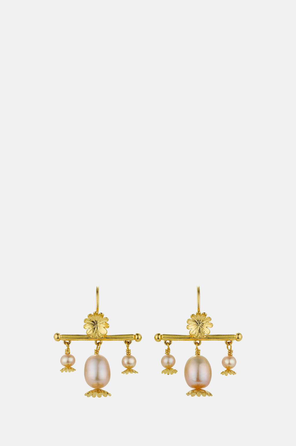 Alex Monroe Poppy Head Chandelier Pink Pearl Drop Earrings Gold Plate.