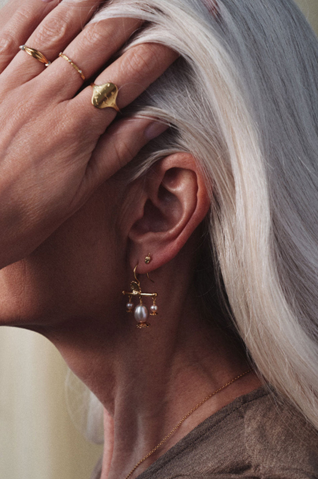 Poppy Head Chandelier Pink Pearl Drop Earrings Gold Plate