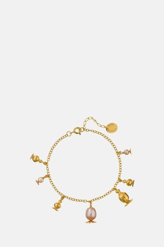 Scattered Poppy Head Charm Pink Pearls Bracelet Gold Plate