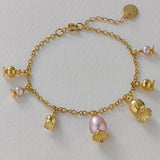 Scattered Poppy Head Charm Pink Pearls Bracelet Gold Plate