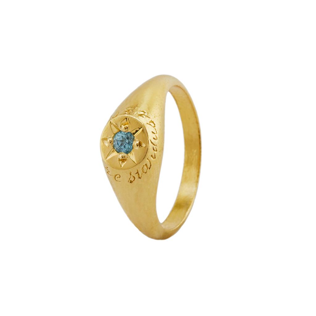 A.M. Blue Topaz Signet Ring with “A Star to Guide Me” Engraving Gold