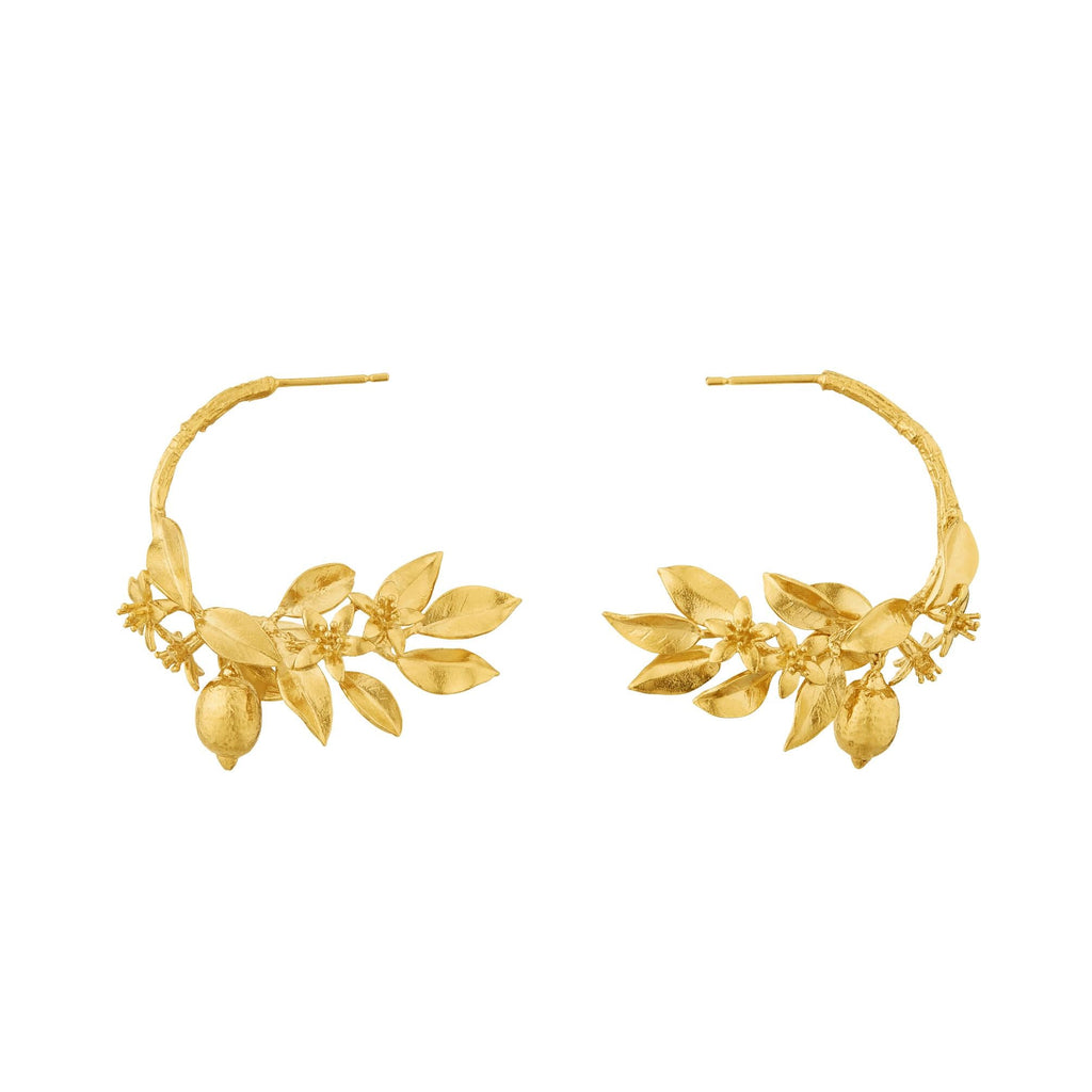 A.M. Lemon Blossom Branch Hoop Earrings with Hanging Lemons Gold
