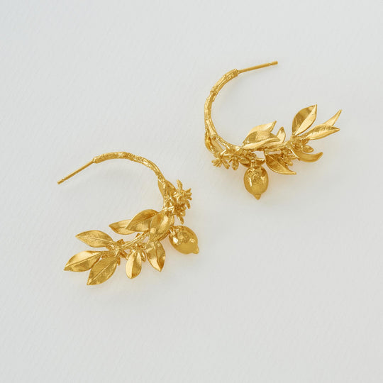A.M. Lemon Blossom Branch Hoop Earrings with Hanging Lemons Gold