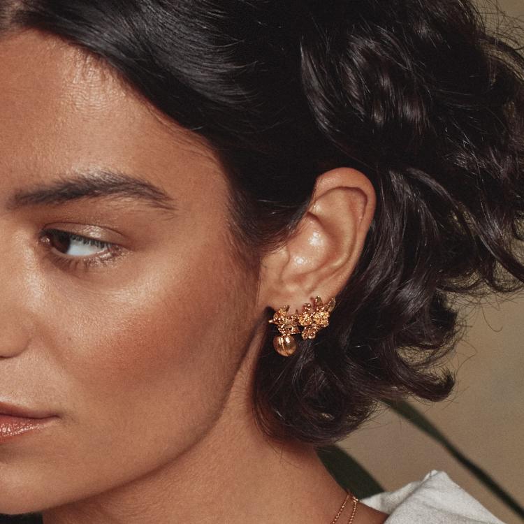 A.M. Peach Blossom Branch Climber Earrings with Hanging Peaches Gold