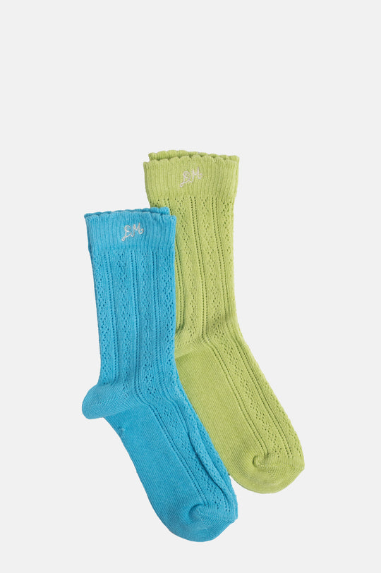 Calf Length 2 Pack Pointelle Socks Celery & Aqua