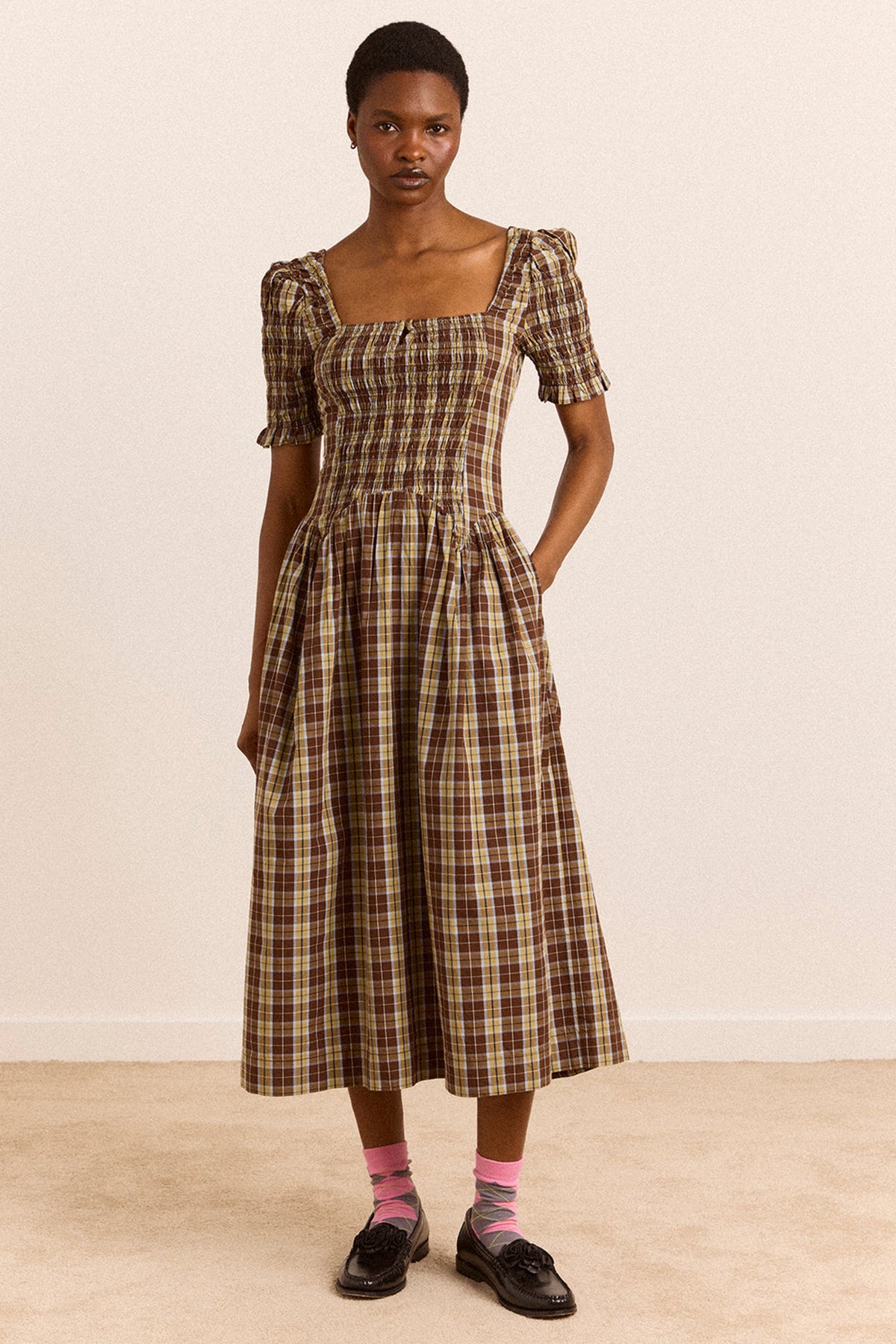 Emmy Shirred Midi Dress Cocoa Check