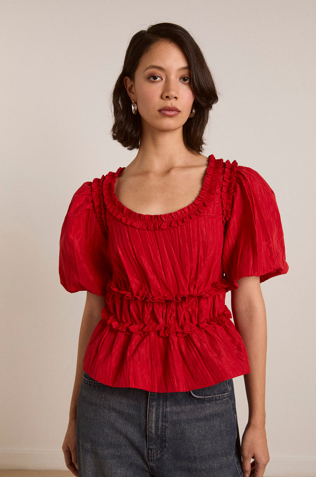 Everly Ruffle Blouse Red Tafetta