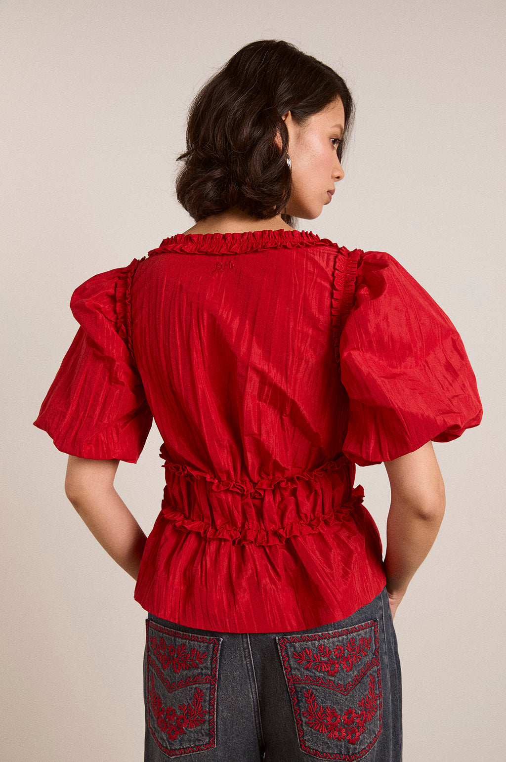 Everly Ruffle Blouse Red Tafetta