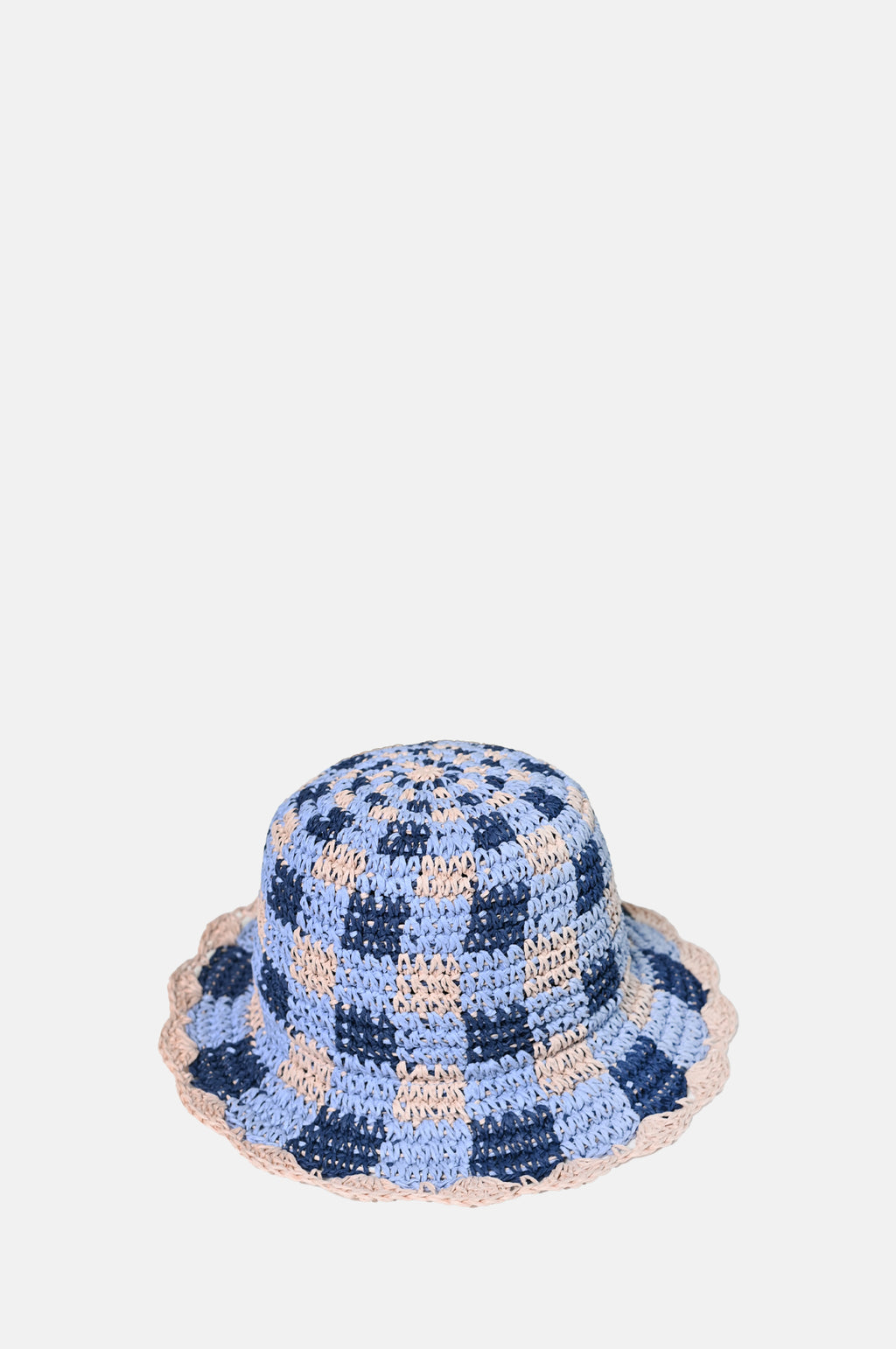 Damson Madder Gingham Straw Bucket Hat Navy and Pale Pink.