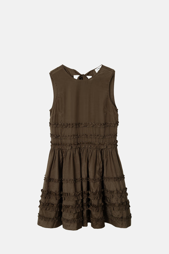 Reed Drop Waist Ruffle Midi Dress Sheer Choc