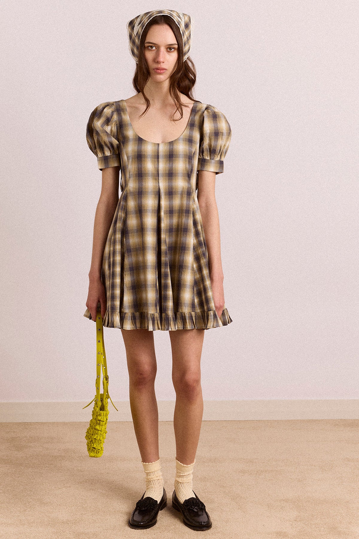 Sabina Mini Godet Dress Cardamon Mix Check