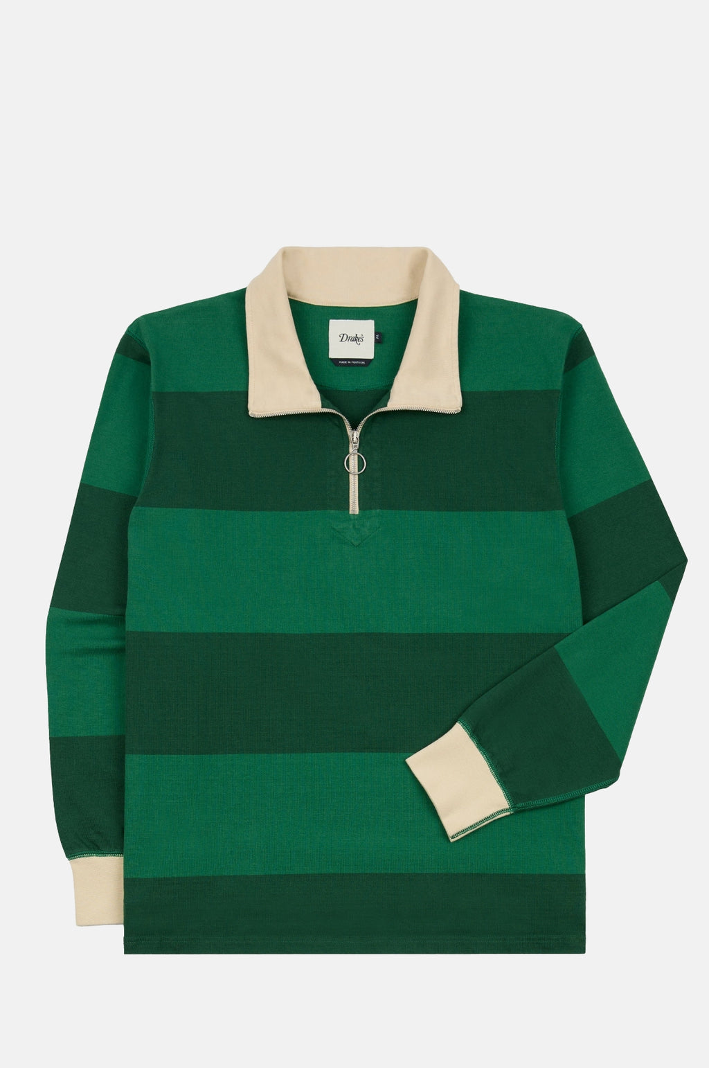 Drake's Block Stripe Quarter Zip Rugby Dark Green.