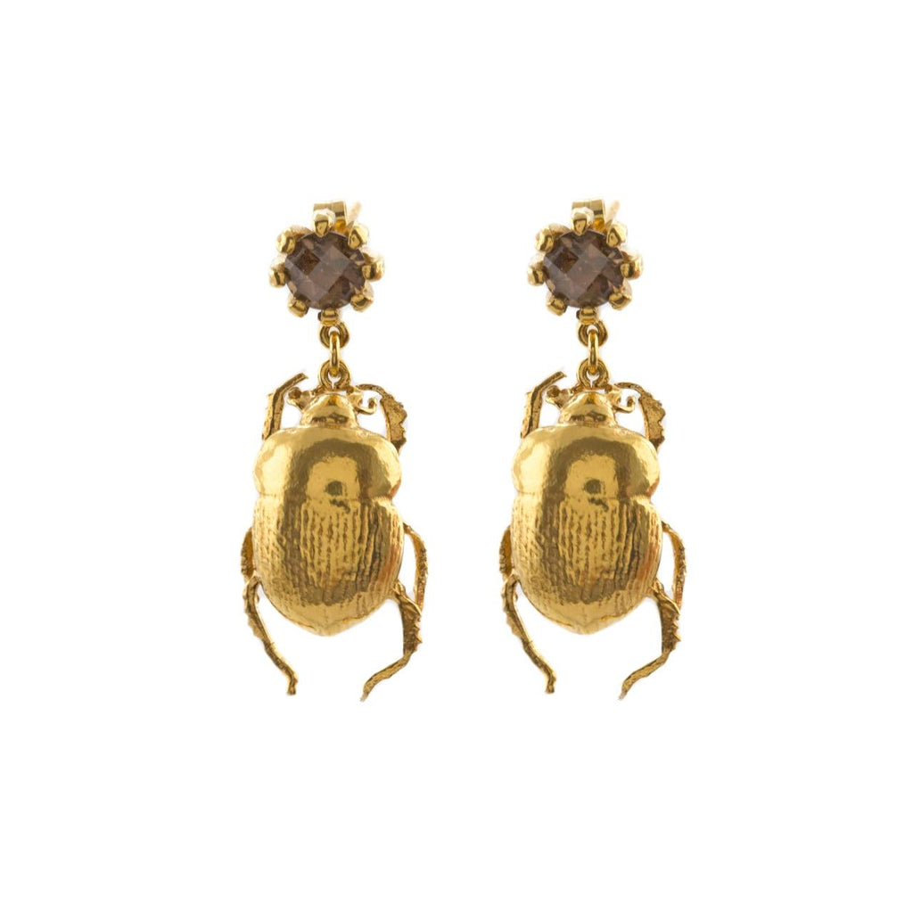 A.M. Dor Beetle & Smokey Quartz Drop Earrings Gold