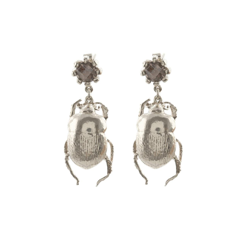 A.M. Dor Beetle & Smokey Quartz Drop Earrings Silver