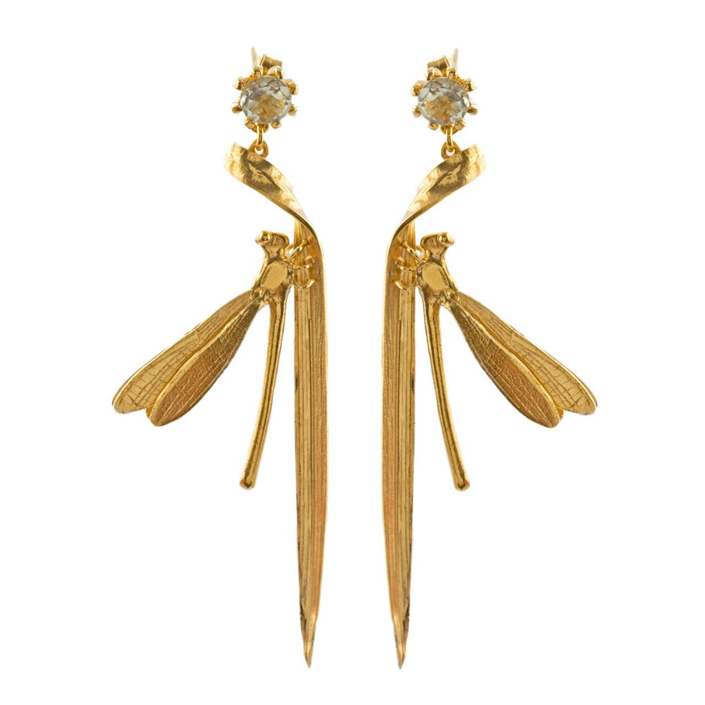 A.M. Damsel Fly & Grassblade Green Amethyst Drop Earrings Gold
