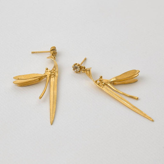 A.M. Damsel Fly & Grassblade Green Amethyst Drop Earrings Gold