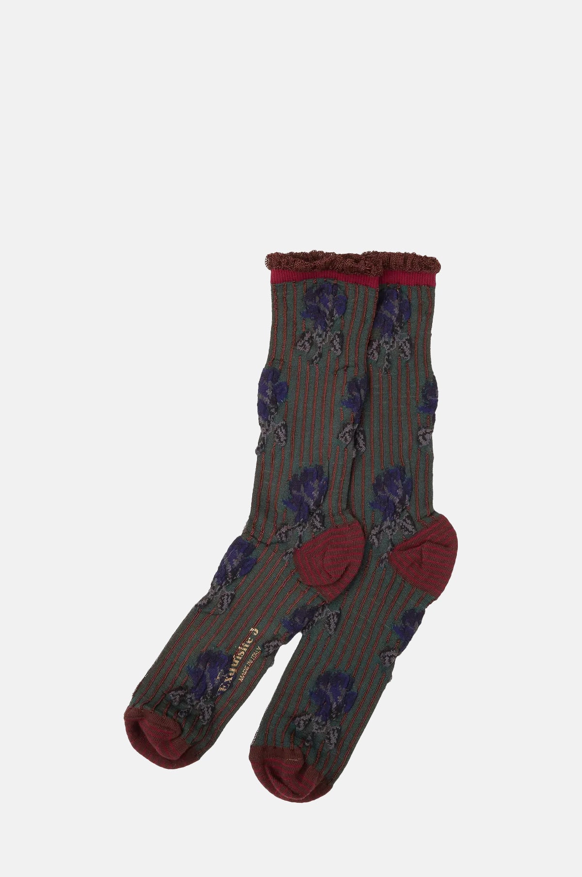 Exquisite J Floral Stripe Socks Dk Green.