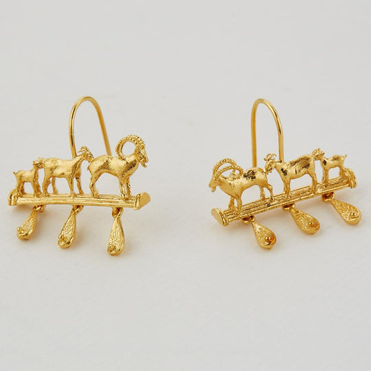 A.M. Mountain Goat Family Relic Earrings with Ornate Drops Gold