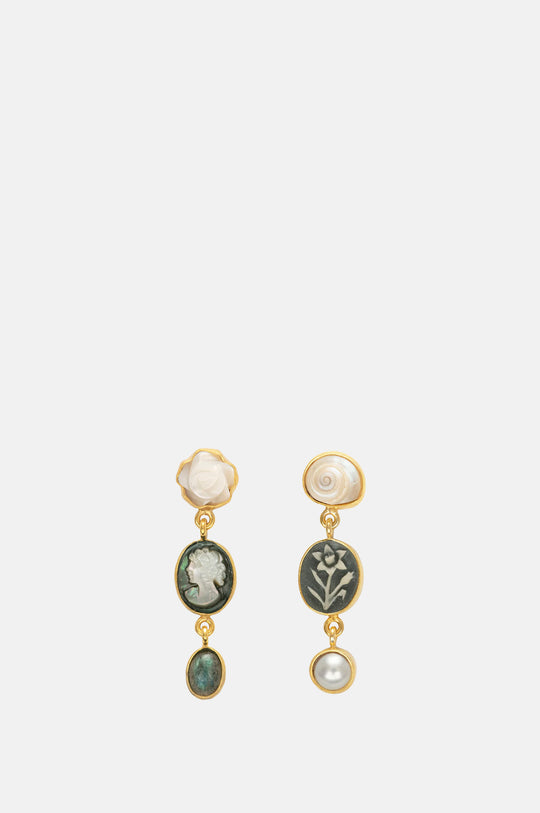 Three Charm Moving Drop Green Cameo Earrings
