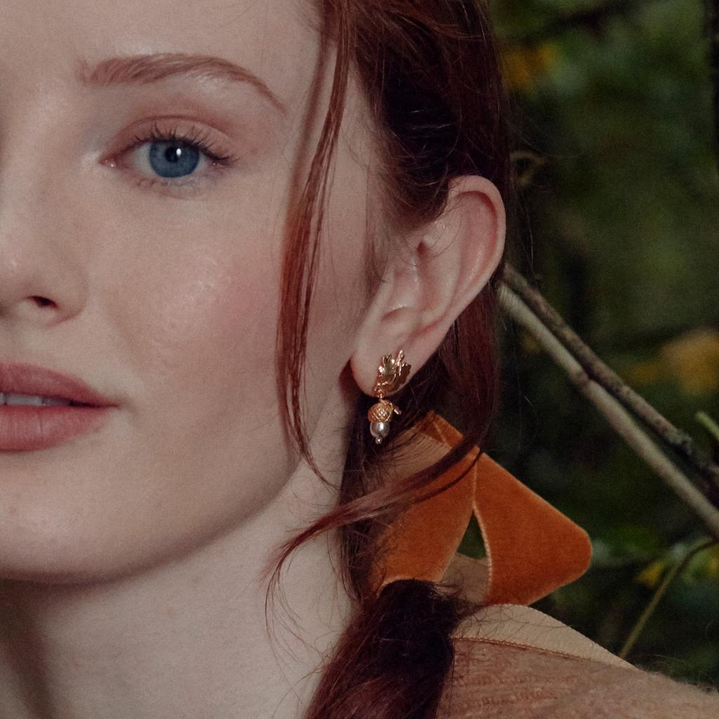 A.M. Acorn Drop Earrings, Gold-plated with Silver detail