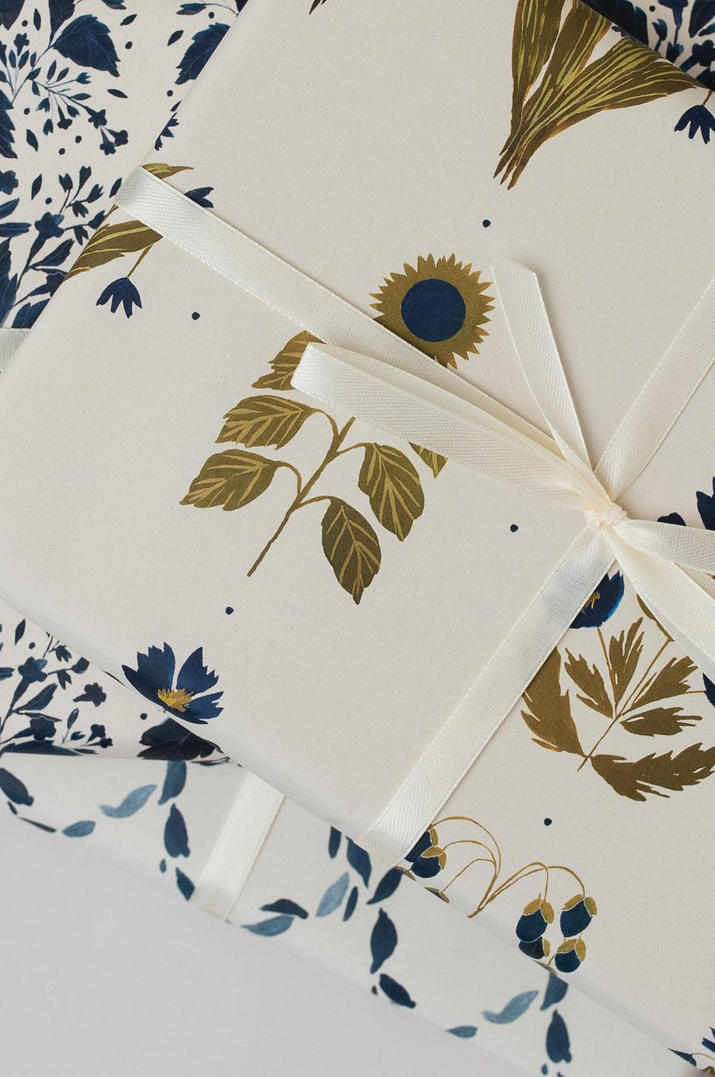 Four Floral Blue Botanical Wrapping Paper Set of 3 Sheets