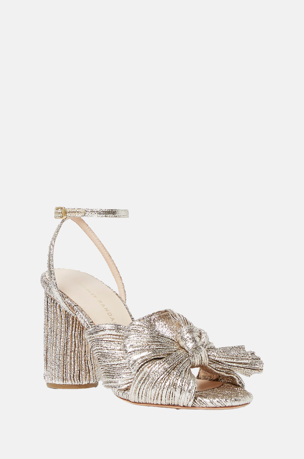 Loeffler Randall Camellia Pleated Knot Heeled Sandal with Ankle Strap Champagne.