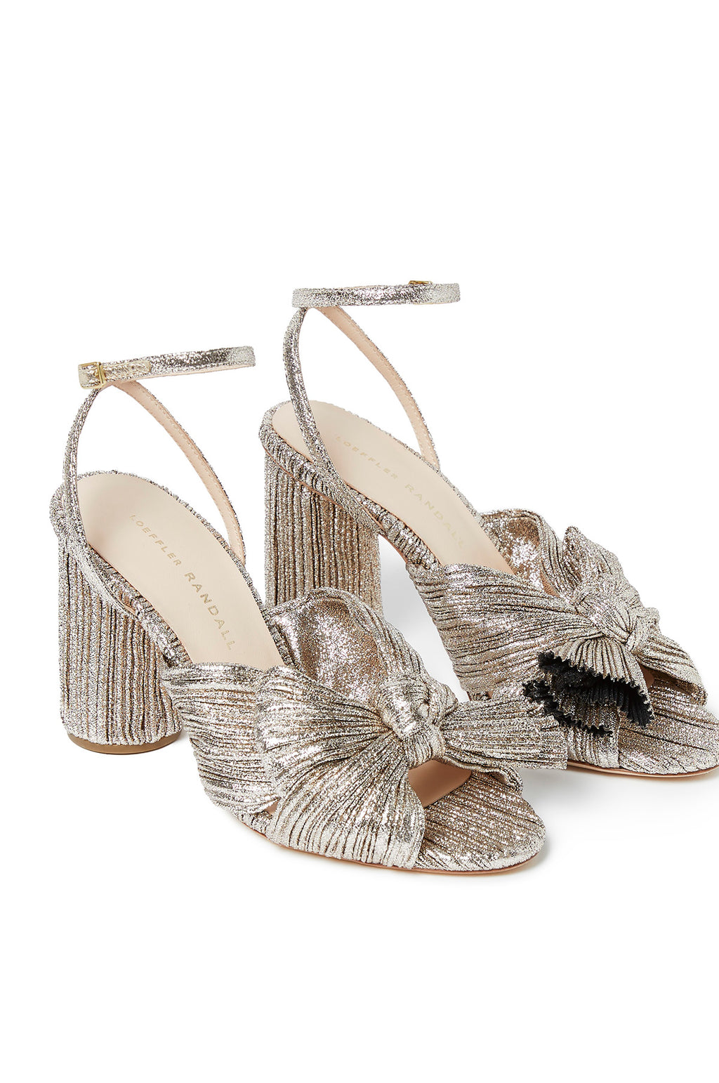 Camellia Pleated Knot Heeled Sandal with Ankle Strap Champagne