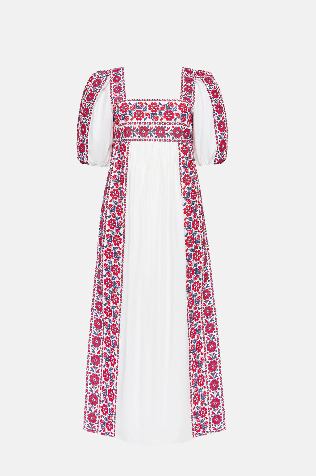 Loeffler Randall Lotus Embroidered Babydoll Dress Cream Red Blue.