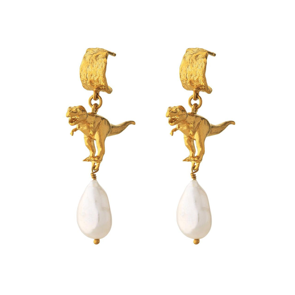 A.M. Bark Huggie Earrings with Tyrannosaurus Rex & Baroque Pearl Drops Gold