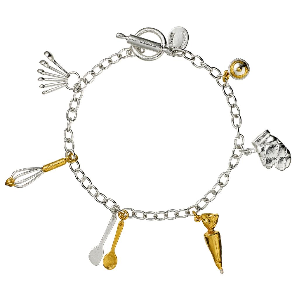 A.M. Baking Charm Bracelet with Rolling Pin T-Bar Fastening, Silver with Gold Plated Details