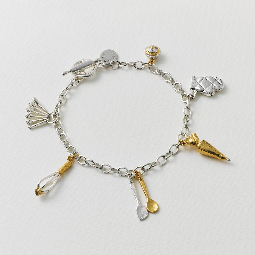 A.M. Baking Charm Bracelet with Rolling Pin T-Bar Fastening, Silver with Gold Plated Details