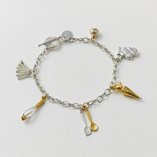 A.M. Baking Charm Bracelet with Rolling Pin T-Bar Fastening, Silver with Gold Plated Details