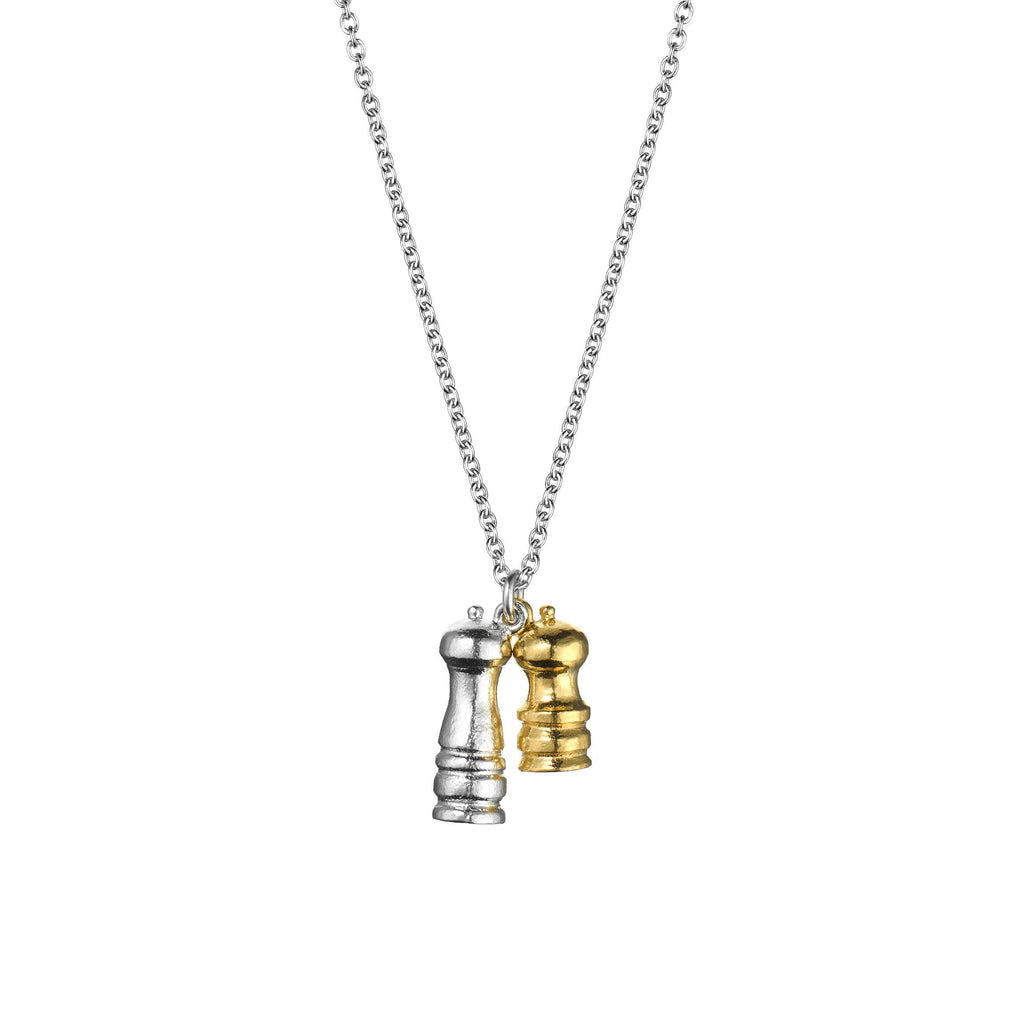 A.M. Salt & Pepper Mills Charm Necklace, Silver with Gold Plated Details