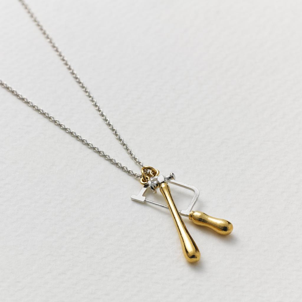 A.M. Jewellers Saw and Hammer Necklace, Silver with Gold Plated Details