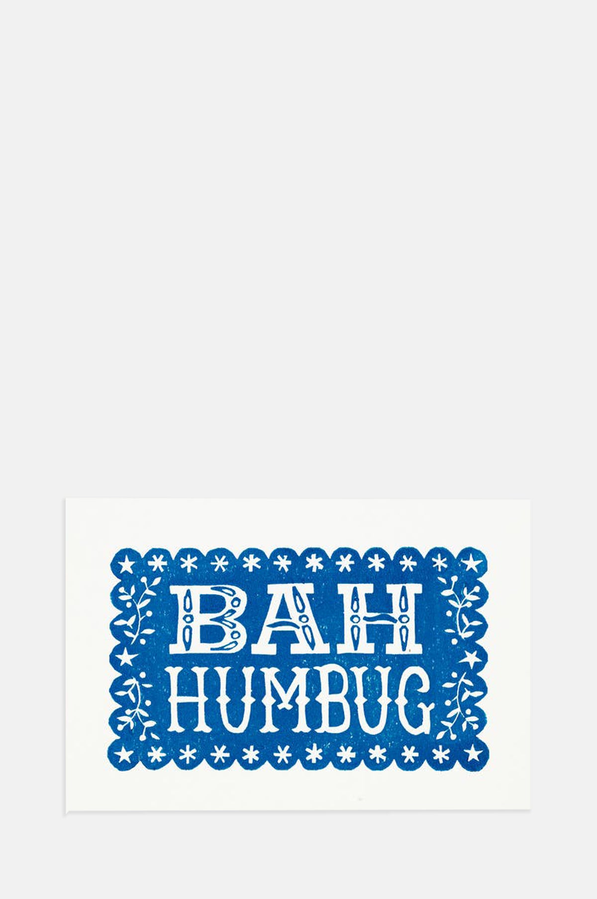 Pressed and Folded Bah Humbug Linocut Christmas Card.