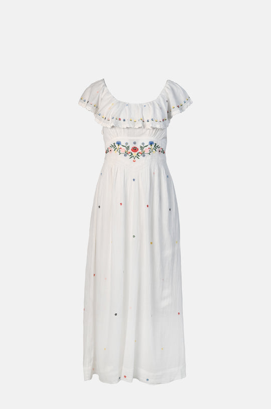 Ebony Dress Petunia Embroidery Ivory