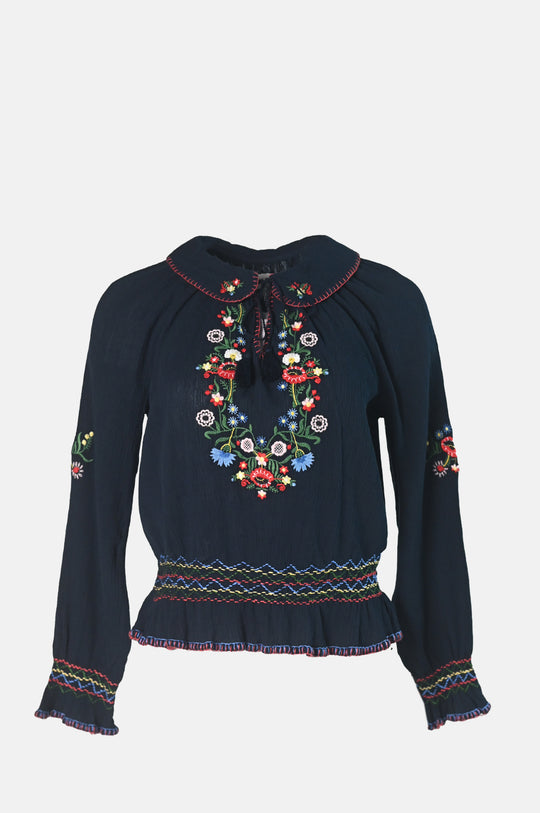 Sofira Top Petunia Embroidery Navy